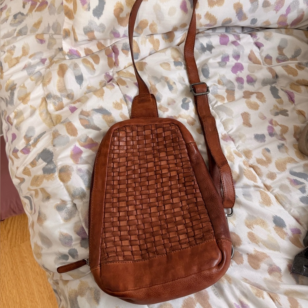 Brown Leather Woven Sling Bag